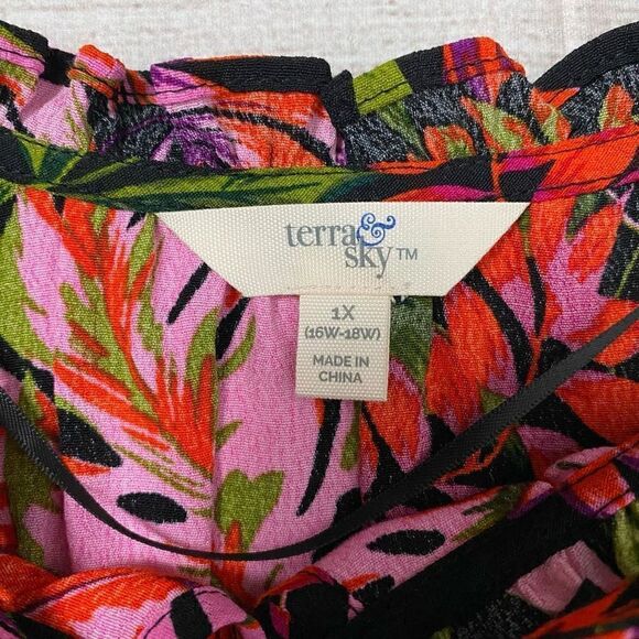 Terra & Sky women 1X 16W-18W tropical print short sleeve peasant top brand new - Picture 7 of 12